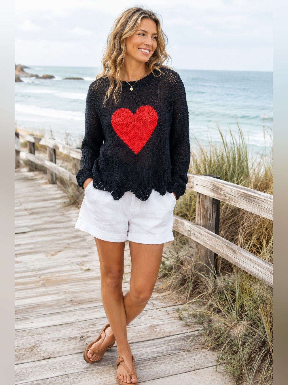 Wooden Ships Navy Mohair Wool-blend Acrylic Sweater with Red Heart